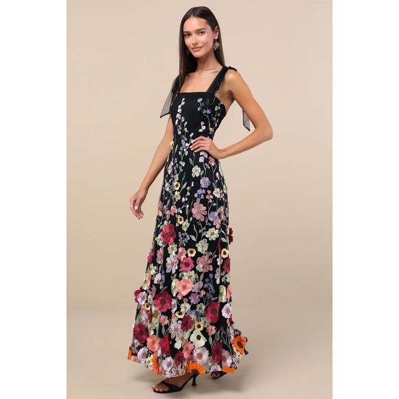 Lulus Thriving Poise Black 3D Floral Embroidered Tie-Strap Maxi Dress Size L NWT - Picture 4 of 15